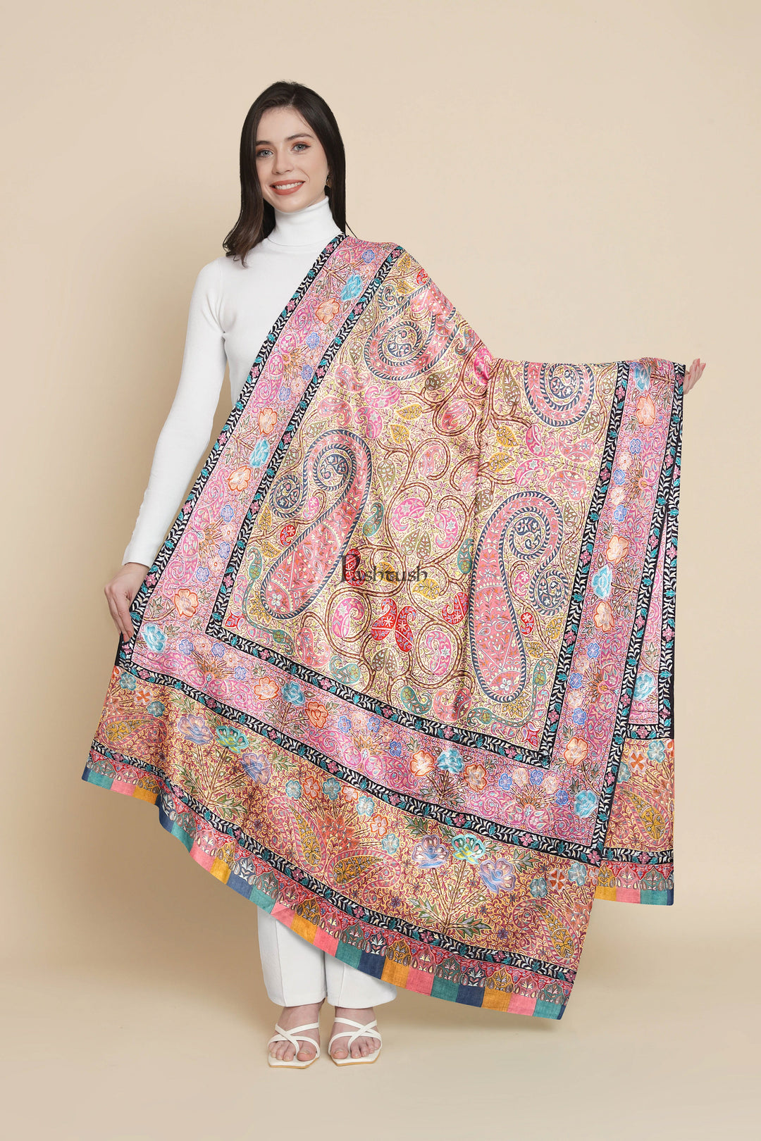 Pashtush Womens Pashmina Shawl, Hand Painted, Hand Embroidered, Handloom Woven Shawl, Multicoloured