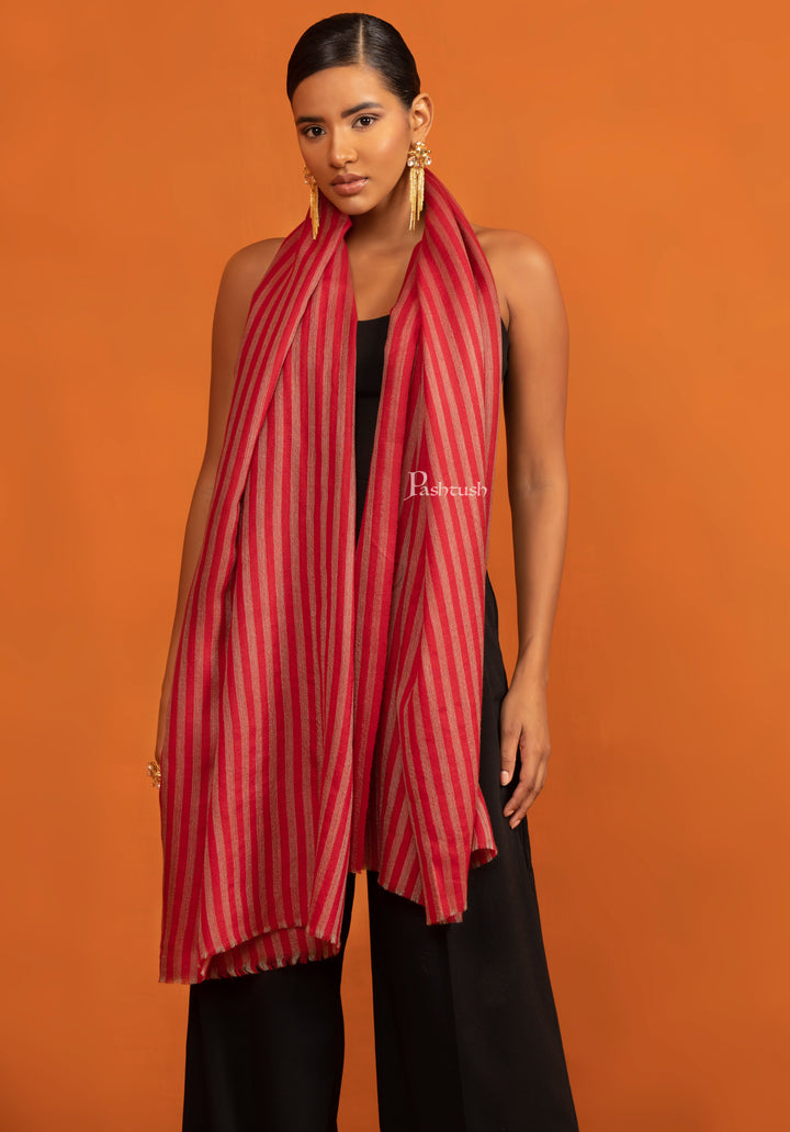 Pashtush Womens Extra Fine Wool Stole, Stripe Design, Red