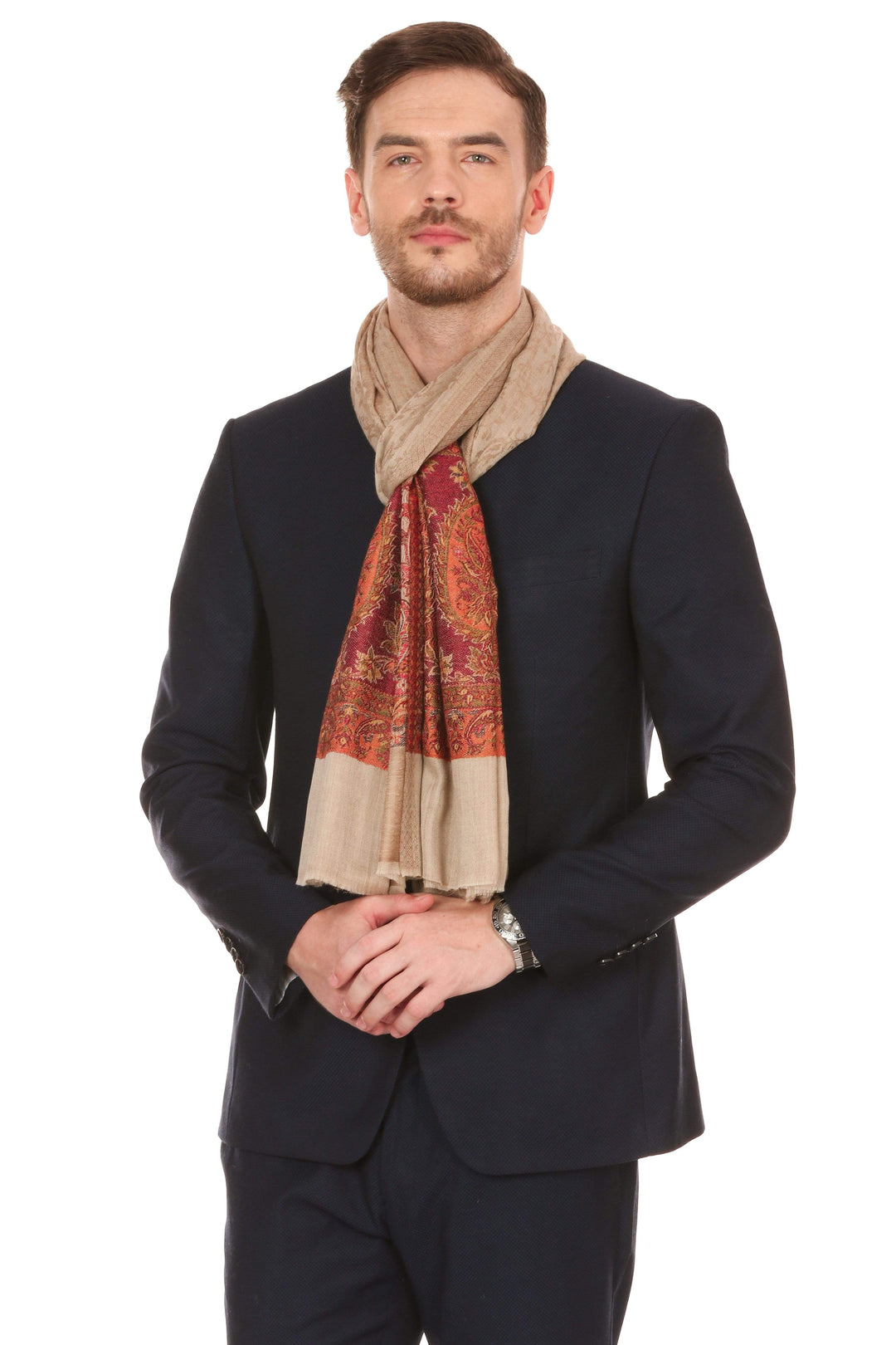 Pashtush Mens Fine Wool Jacquard Stole, Brown