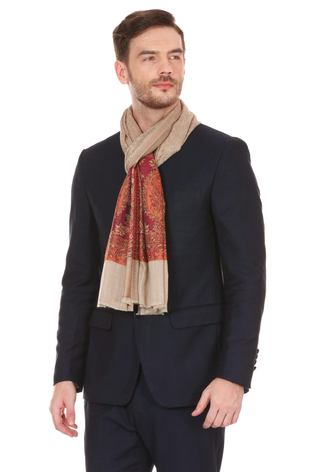 Pashtush Mens Fine Wool Jacquard Stole, Brown