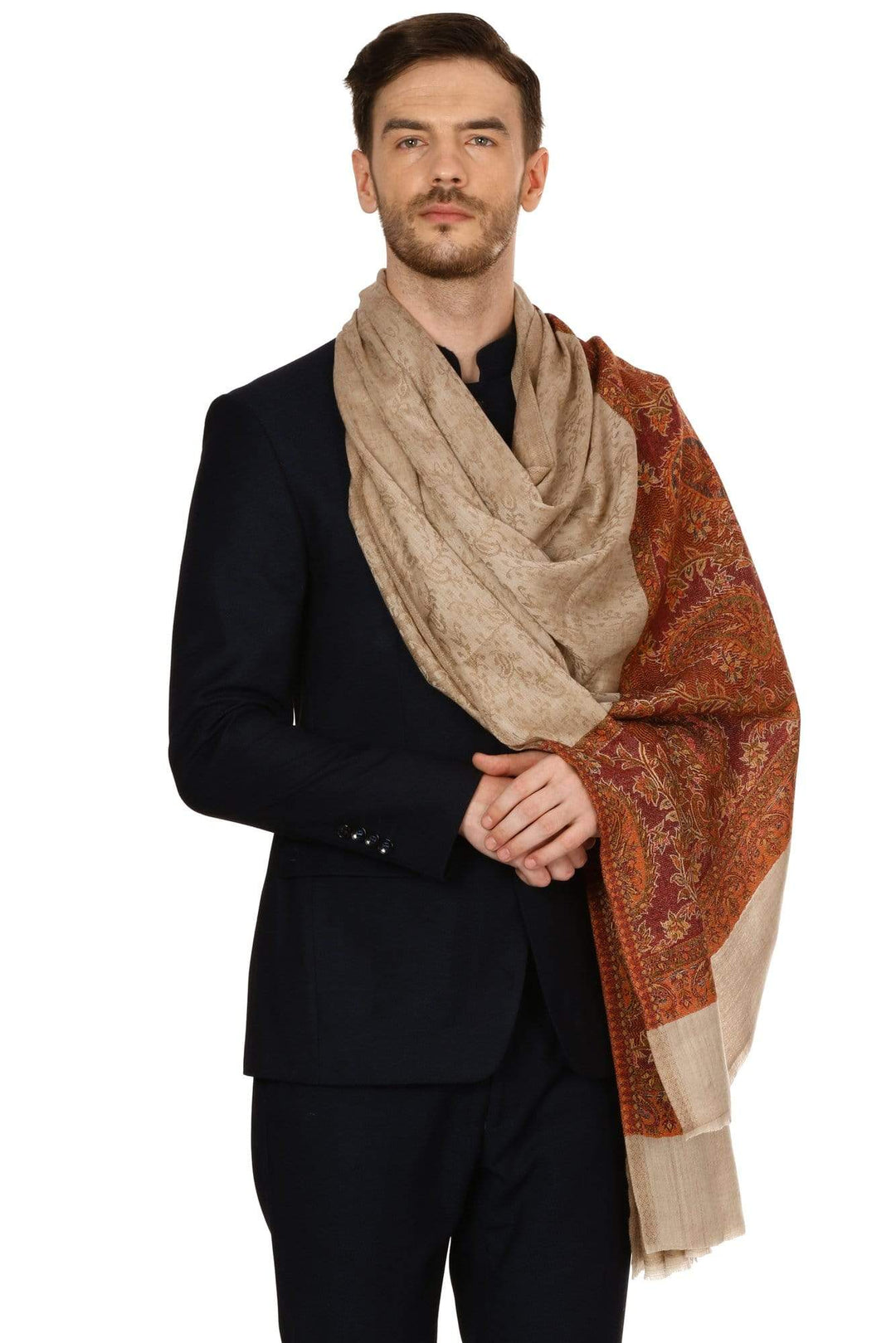 Pashtush Store Stole Mens Fine Wool Jacquard Stole, Beige