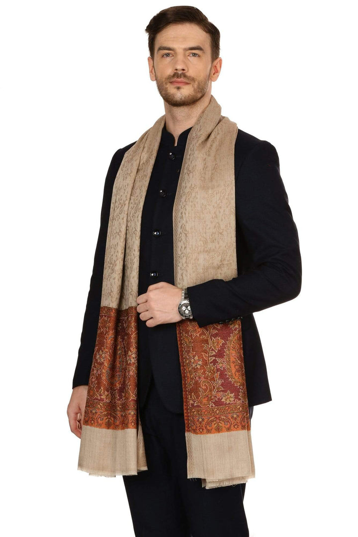 Pashtush Store Stole Mens Fine Wool Jacquard Stole, Beige