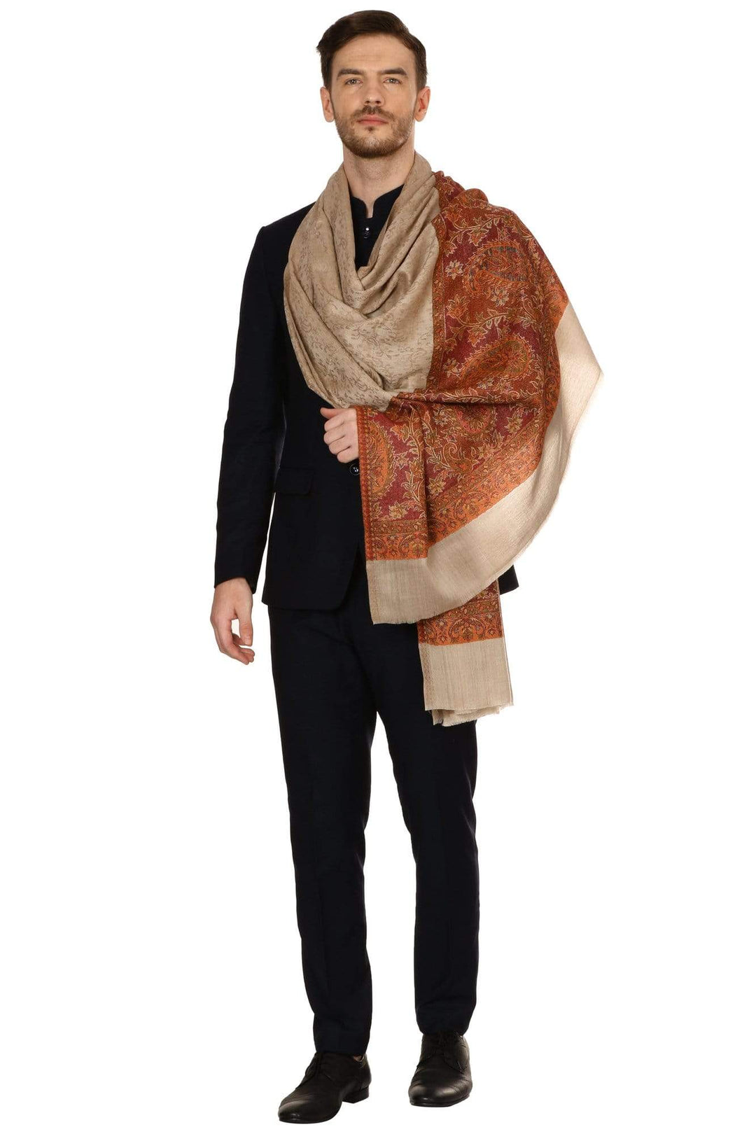 Pashtush Store Stole Mens Fine Wool Jacquard Stole, Beige