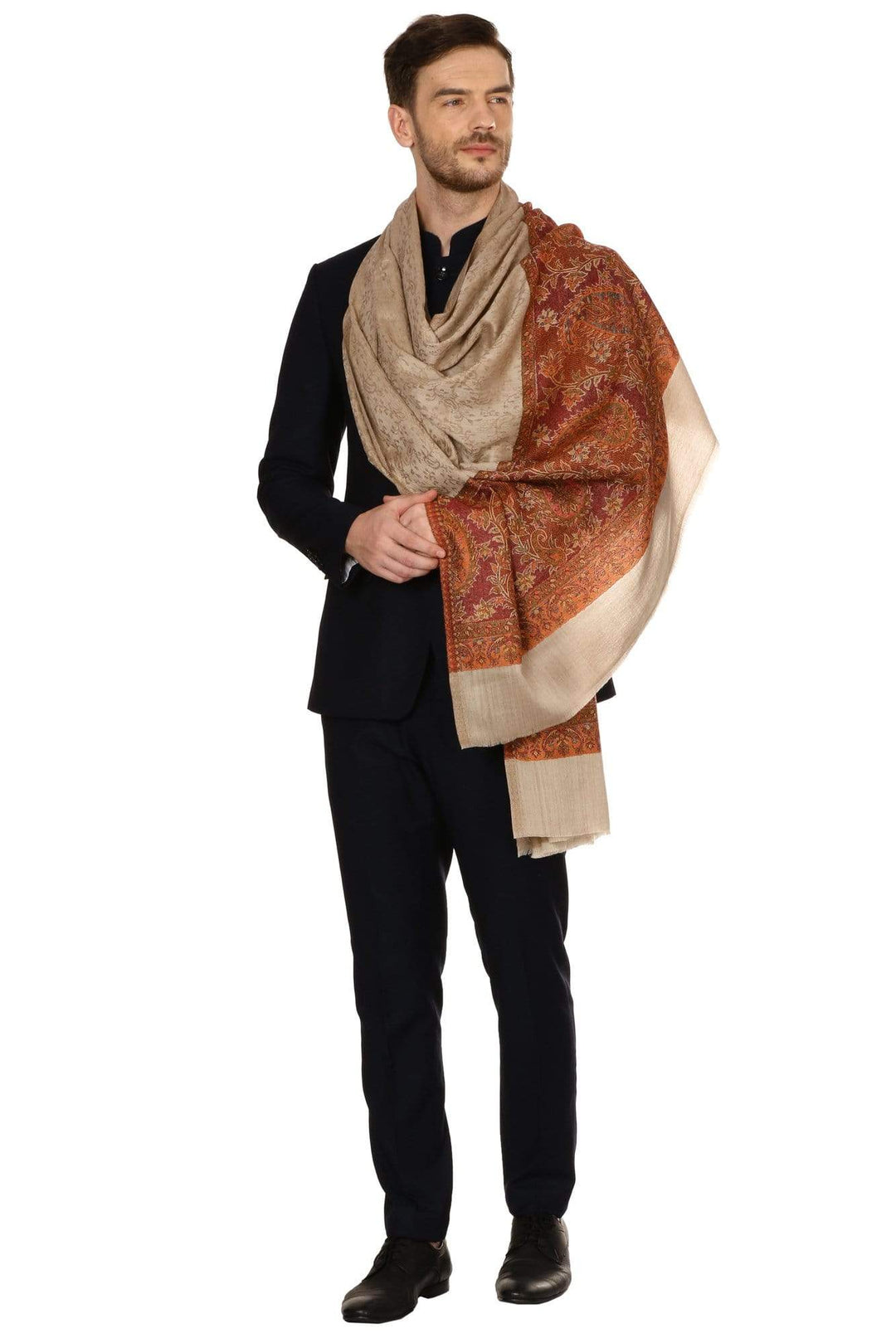 Pashtush Store Stole Mens Fine Wool Jacquard Stole, Beige