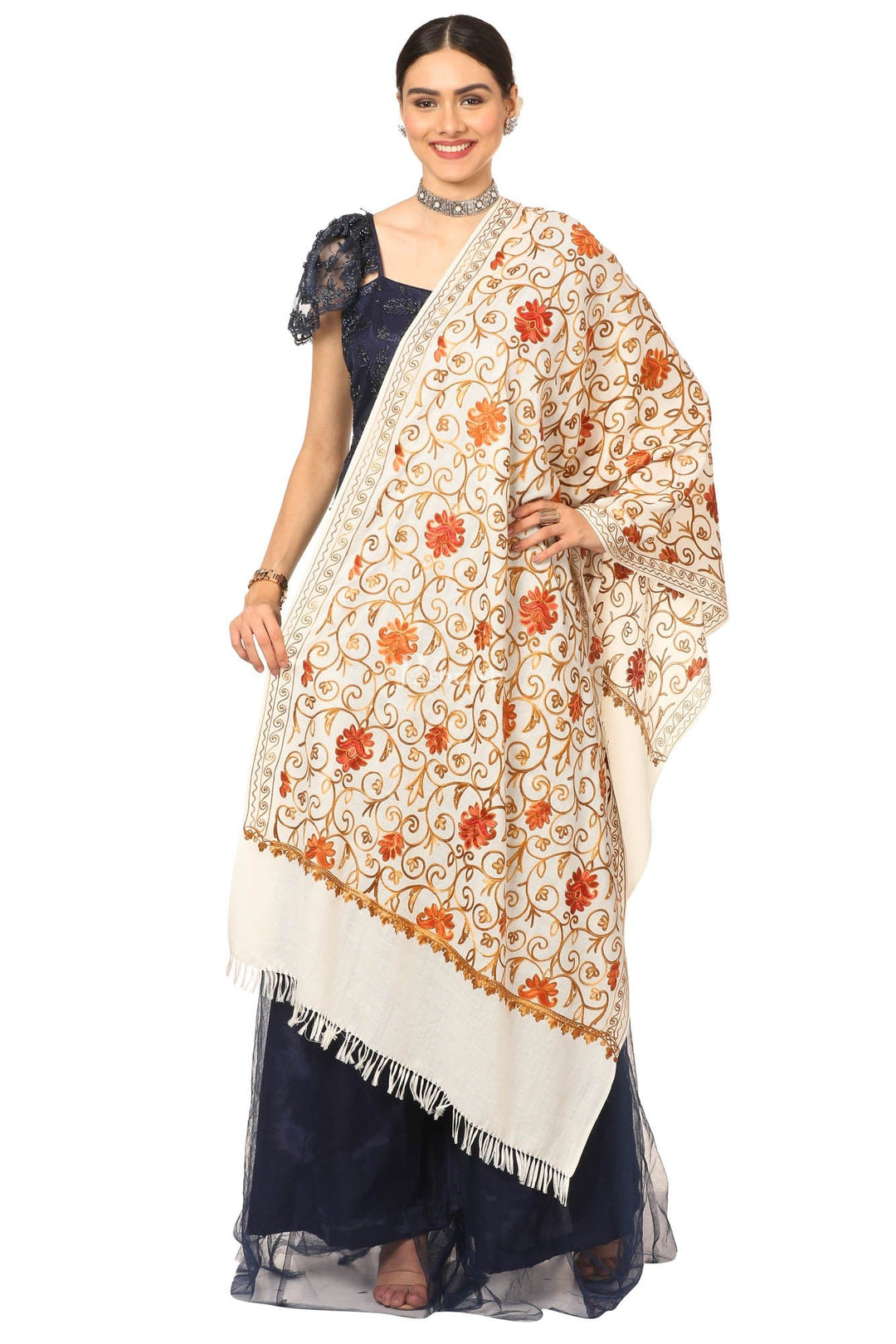 Pashtush India Womens Stoles and Scarves Scarf Pashtush Aari Embroidery Stole, Fine Wool, White