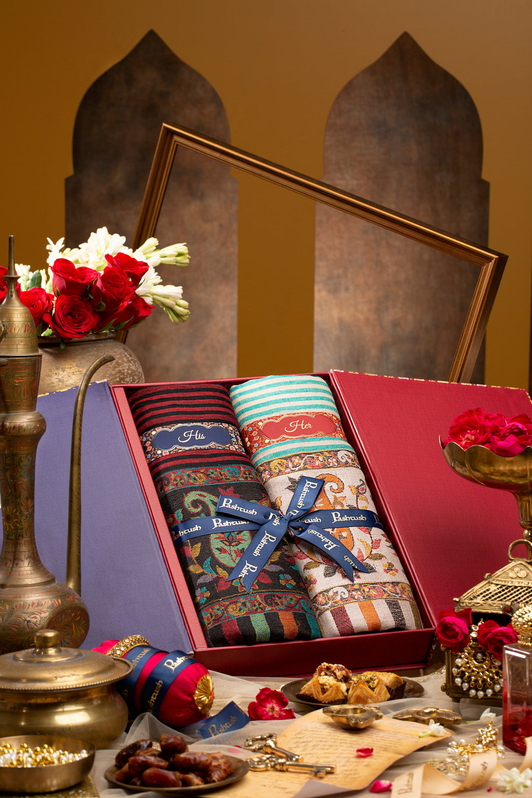 Pashtush India Gift Pack Pashtush His and Her Gift Set of Fine Wool Mens Stole and Womens Shawl with Woven Palla Design