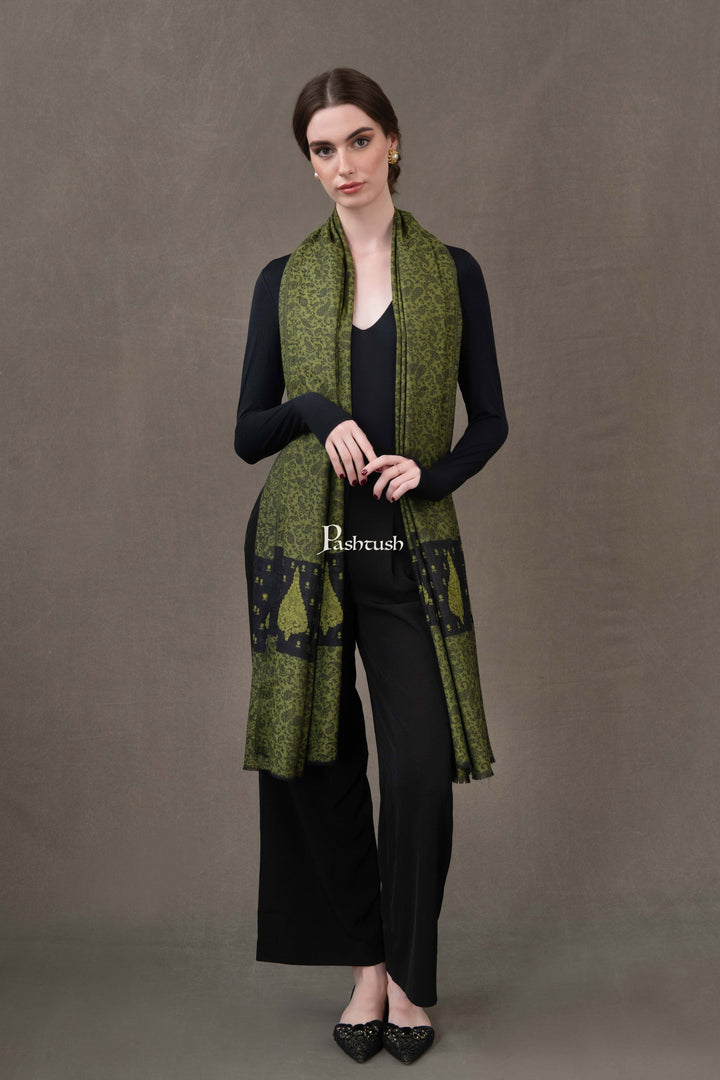 Pashtush India Gift Pack Pashtush His And Her Gift Set Of Fine Wool Stole and Embroidery Shawl With Premium Gift Box Packaging, Multicolour and Green