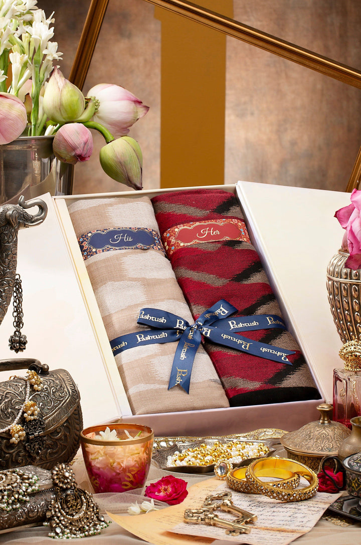 Pashtush India Gift Pack Pashtush His and Her Set of Fine Silk Wool Stoles with Premium Gift Box Packaging, Beige and Crimson