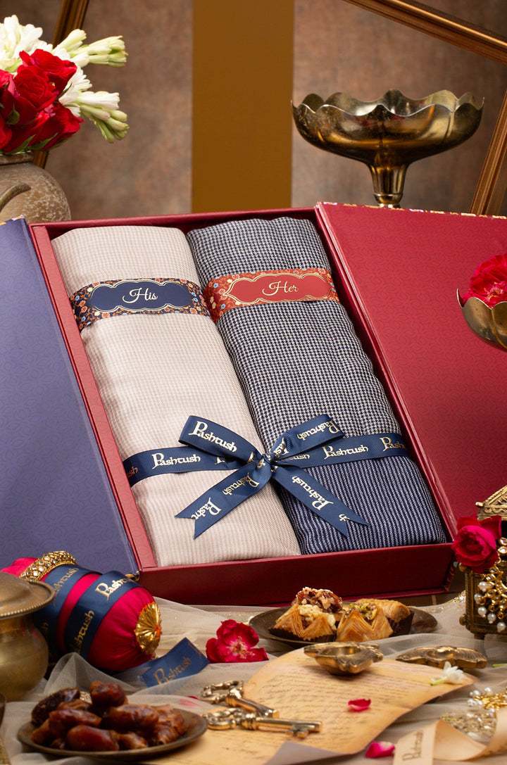 Pashtush India Gift Pack Pashtush His And Her Gift Set Of Striped Twilight Stoles With Premium Gift Box Packaging, Navy Blue And Scarlet Red