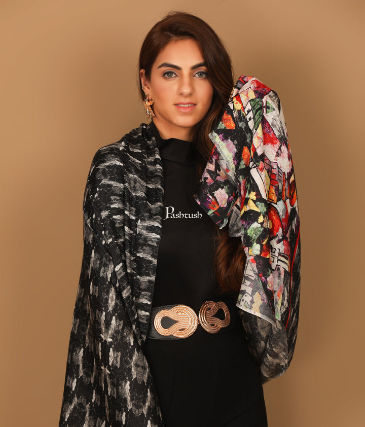 Pashtush India Gift Pack Pashtush His And Her Set Of Fine Wool and Printed Bamboo Stoles With Premium Gift Box Packaging, Beige and Black