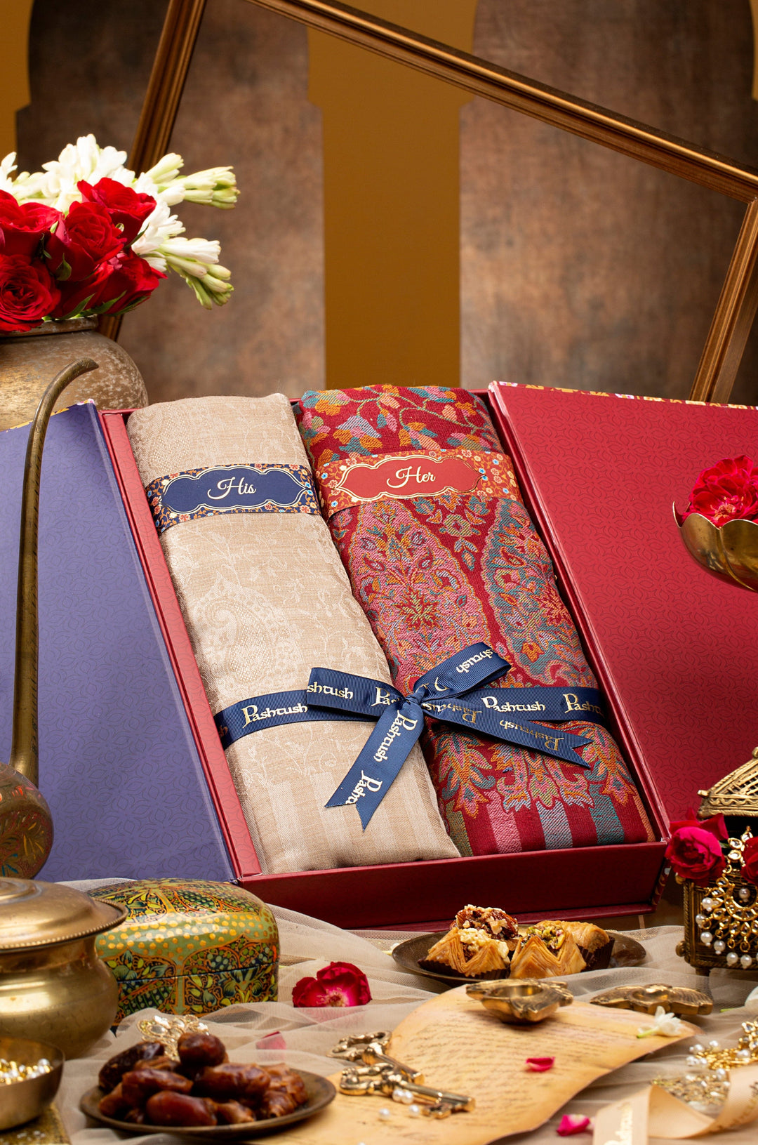 Pashtush India Gift Pack Pashtush His and Her set of Fine Wool, Shawls, With Premium Gift Box, Beige and Crimson