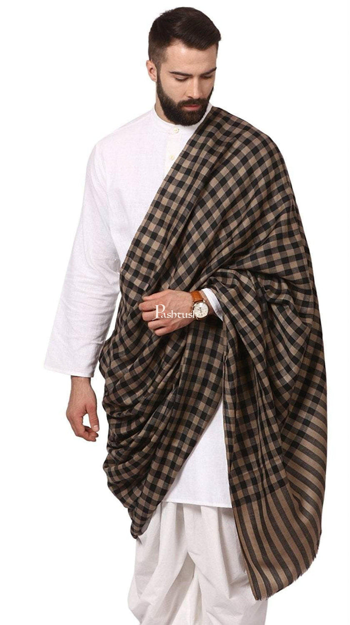 Pashtush India Gift Pack Pashtush His and Her set of Fine Wool Shawls, With Premium Gift Box, Checkered Beige and Black