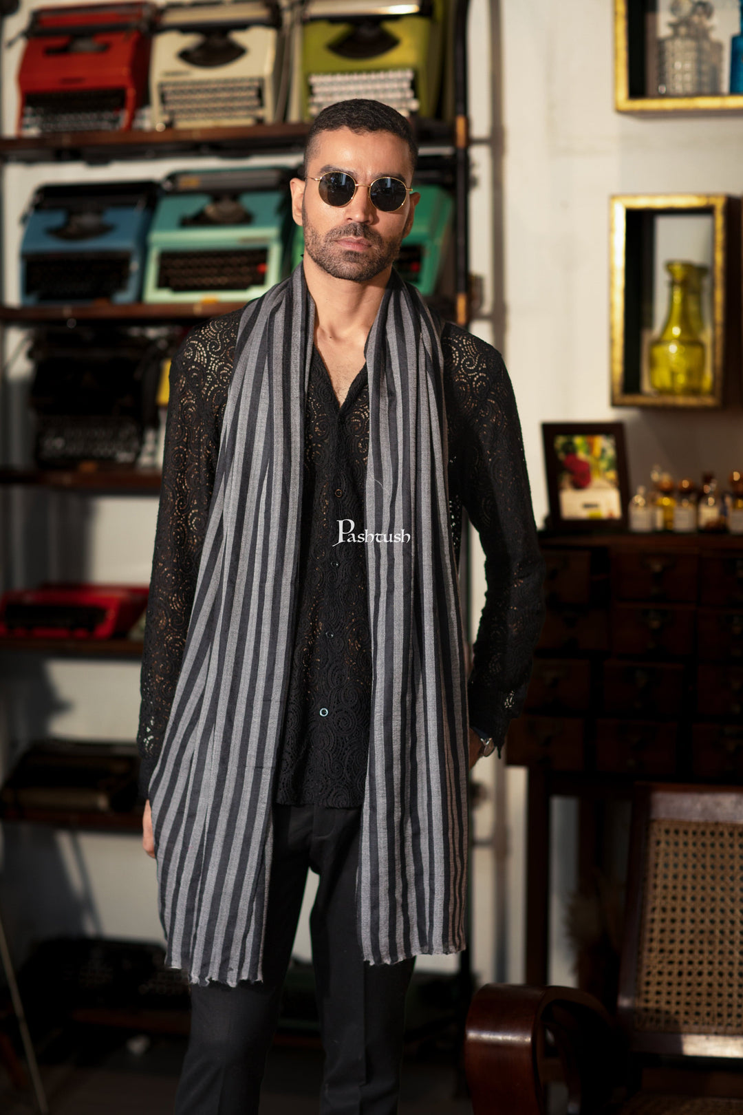 Pashtush India Mens Scarves Stoles and Mufflers Pashtush Mens Cashmere And Wool Scarf, Striped Charcoal Black