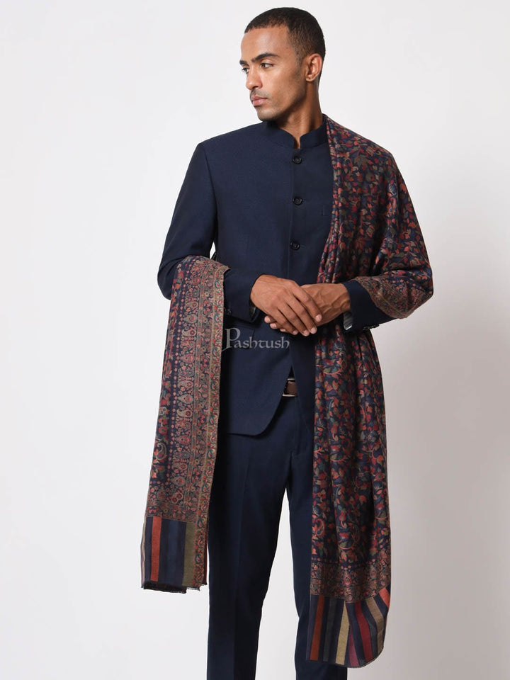 Pashtush India Mens Shawls Gents Shawl Pashtush Mens Ethnic Shawl, Mens Lohi, Full Size, Fine Wool, Navy Blue