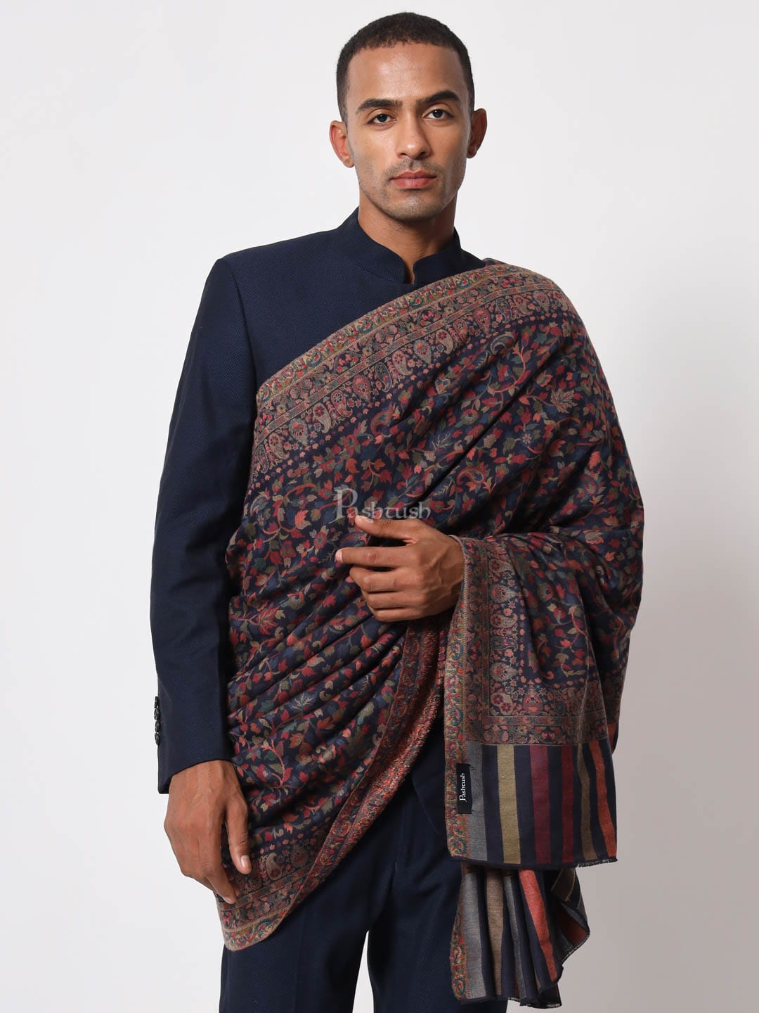 Pashtush India Mens Shawls Gents Shawl Pashtush Mens Ethnic Shawl, Mens Lohi, Full Size, Fine Wool, Navy Blue