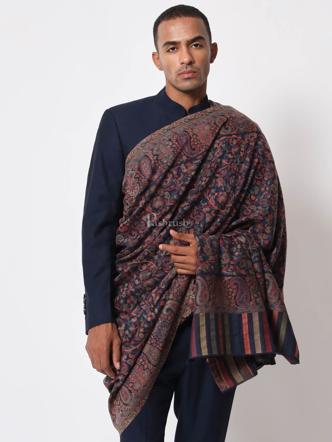 Pashtush India Mens Shawls Gents Shawl Pashtush Mens Ethnic Shawl, Mens Lohi, Full Size, Fine Wool, Navy Blue