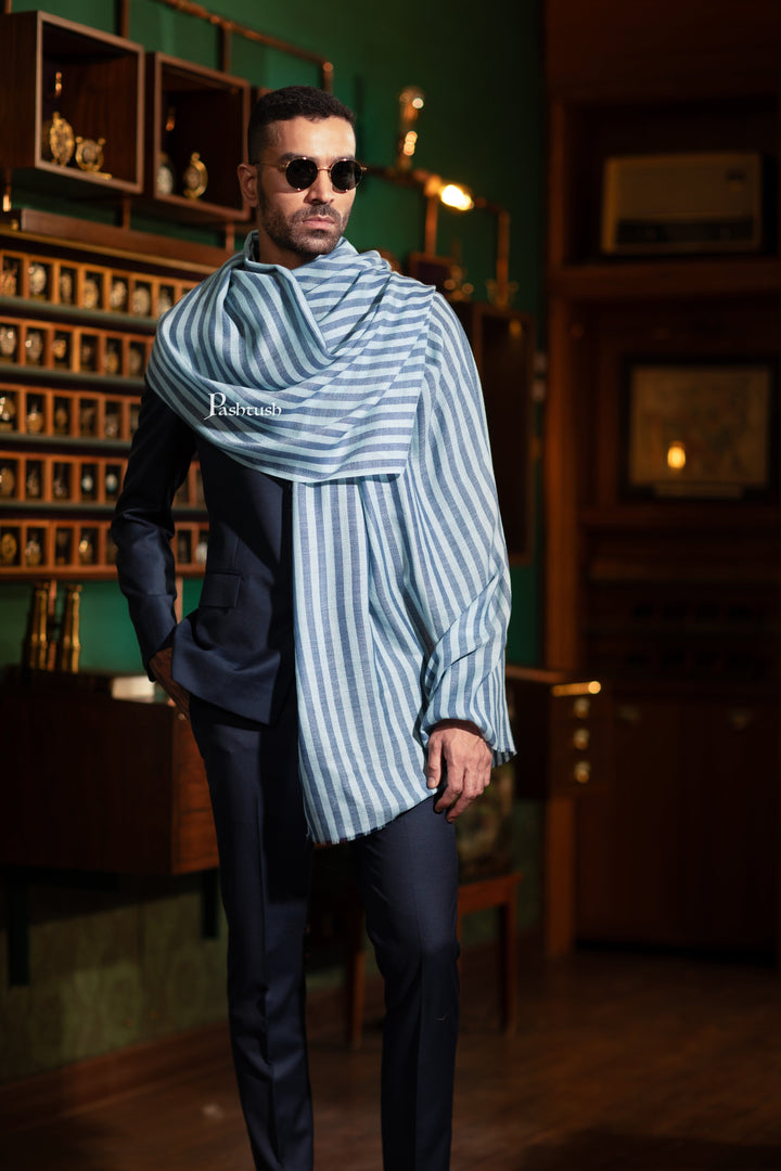 Pashtush India Mens Scarves Stoles and Mufflers Pashtush Mens Extra Fine Silk Wool Stole, Striped Weave, Blue