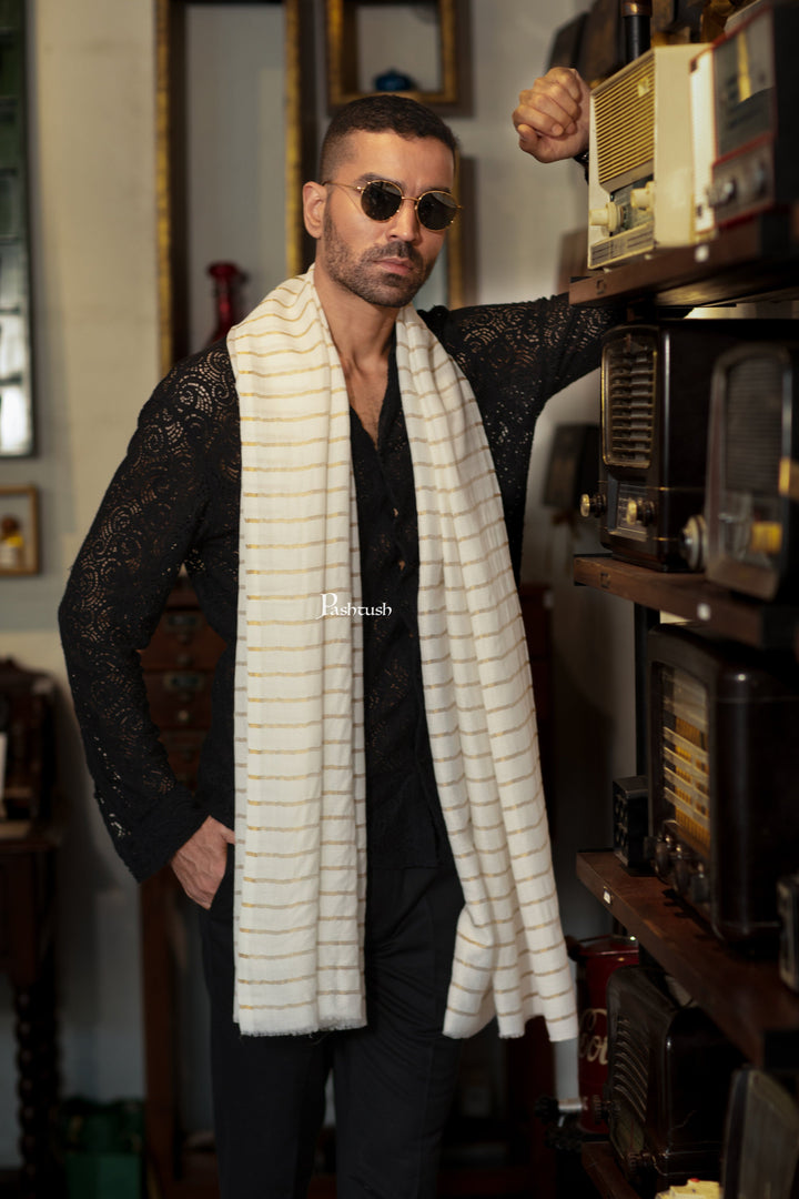 Pashtush India Mens Scarves Stoles and Mufflers Pashtush Mens  Extra Fine Woo; Stole, Stripe With Zari  Design, Ivory