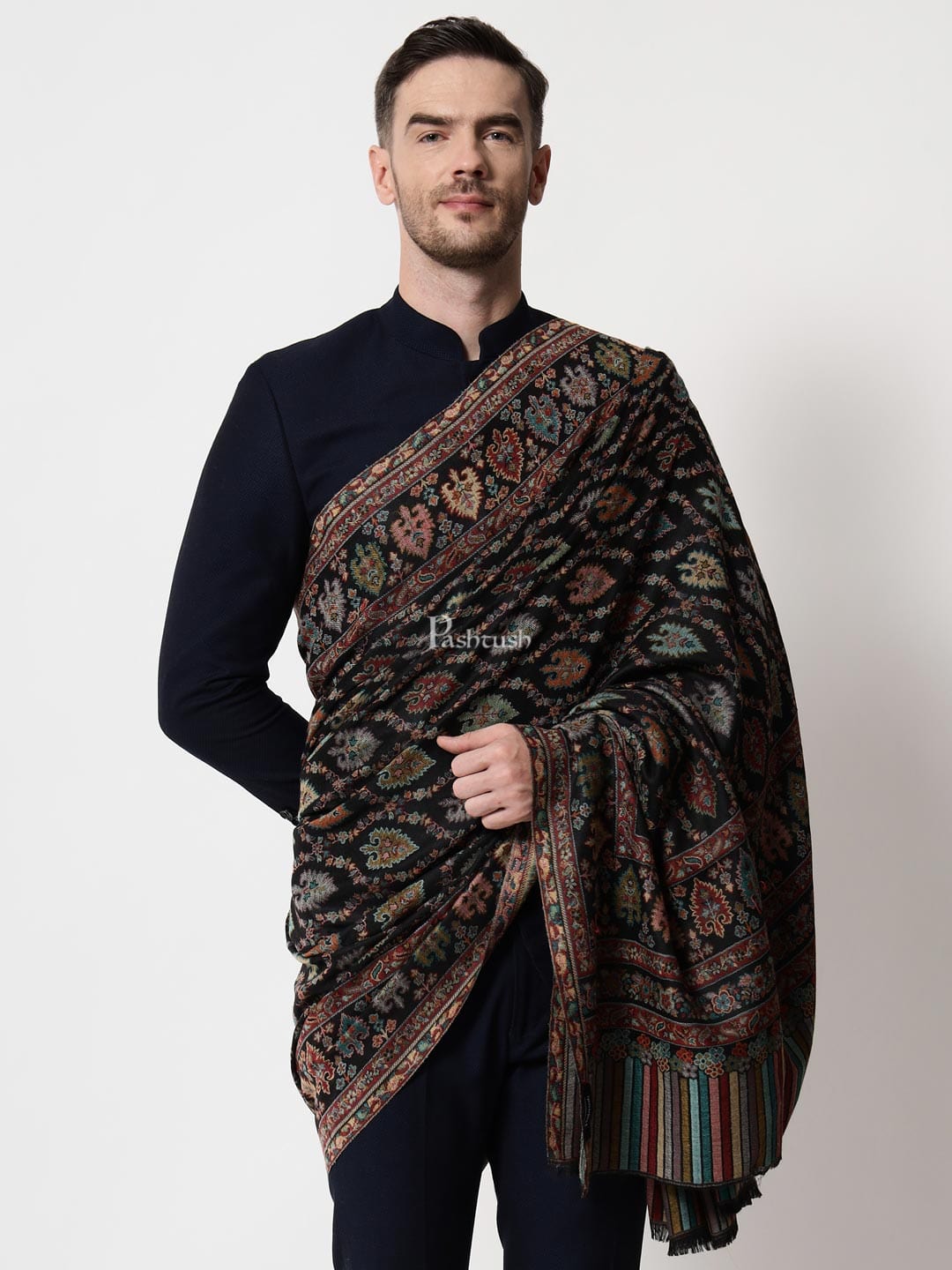 Pashtush India Mens Shawls Gents Shawl Pashtush mens Extra Fine Wool shawl, Ethnic design, Black