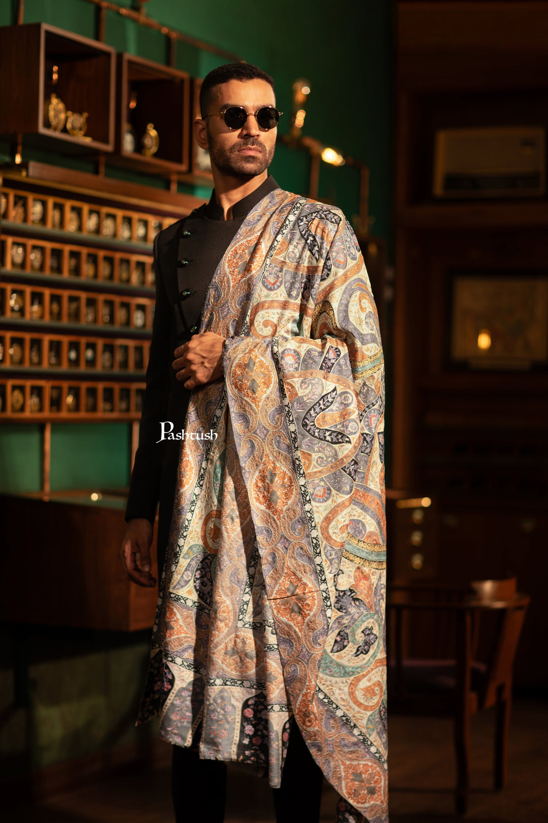 Pashtush India Mens Shawls Gents Shawl Pashtush Mens Extra Fine Wool Shawl, Hand Embroidered Kalamkari Design, Multicolour