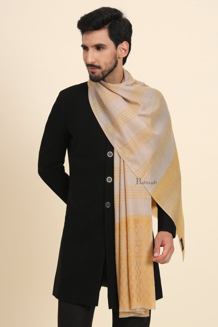 Pashtush India Mens Scarves Stoles and Mufflers Pashtush Mens Extra Fine Wool Stole, Checkered Palla With Striped Design, Mustard