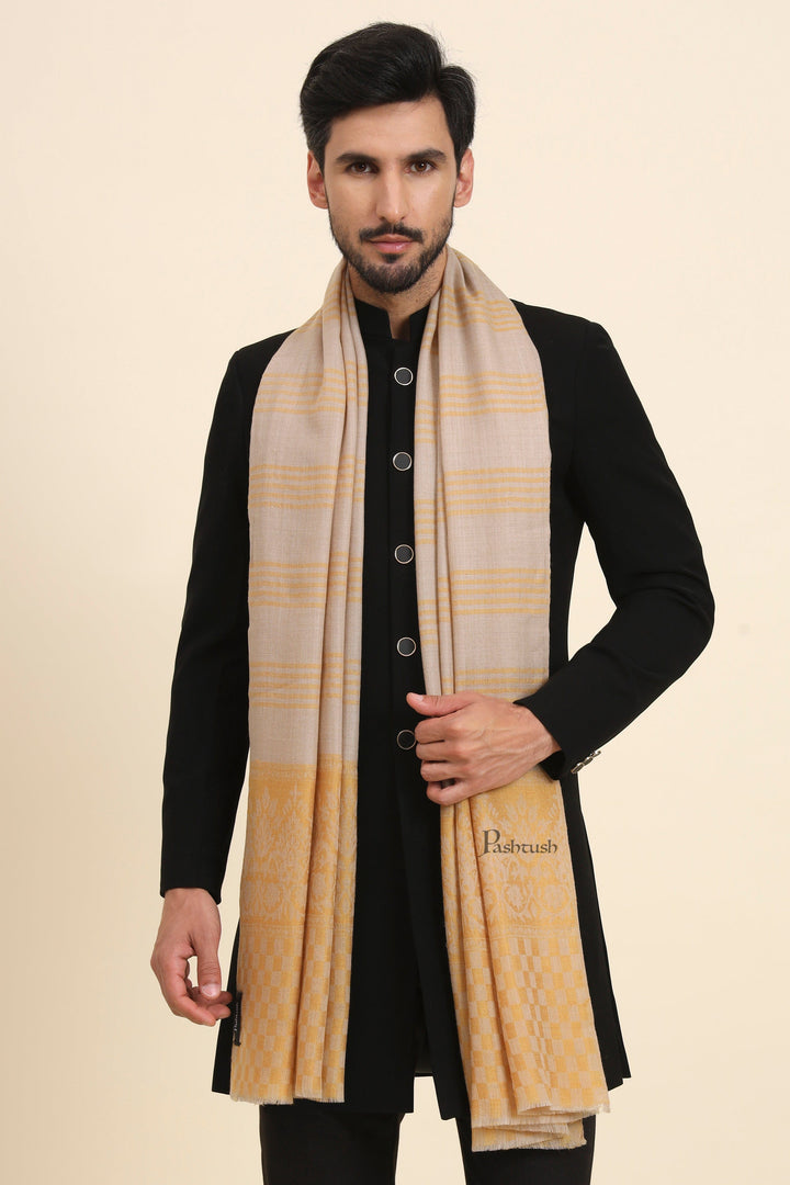 Pashtush India Mens Scarves Stoles and Mufflers Pashtush Mens Extra Fine Wool Stole, Checkered Palla With Striped Design, Mustard