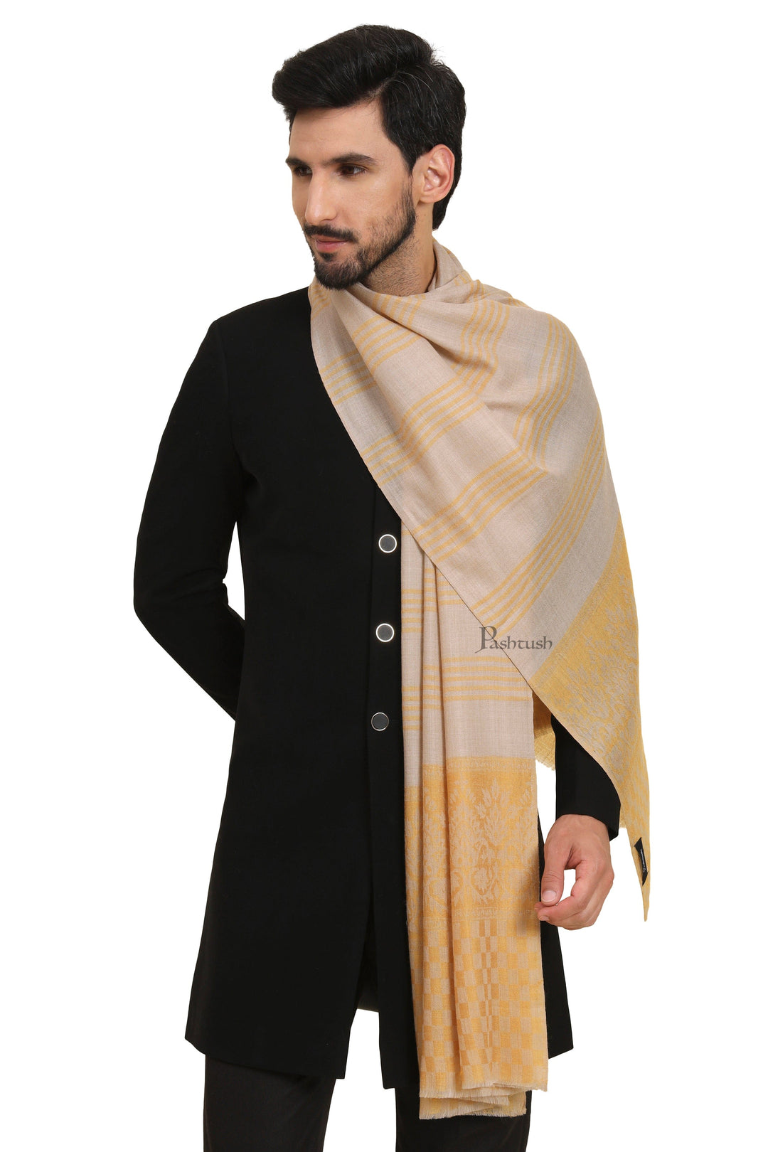 Pashtush India Mens Scarves Stoles and Mufflers Pashtush Mens Extra Fine Wool Stole, Checkered Palla With Striped Design, Mustard