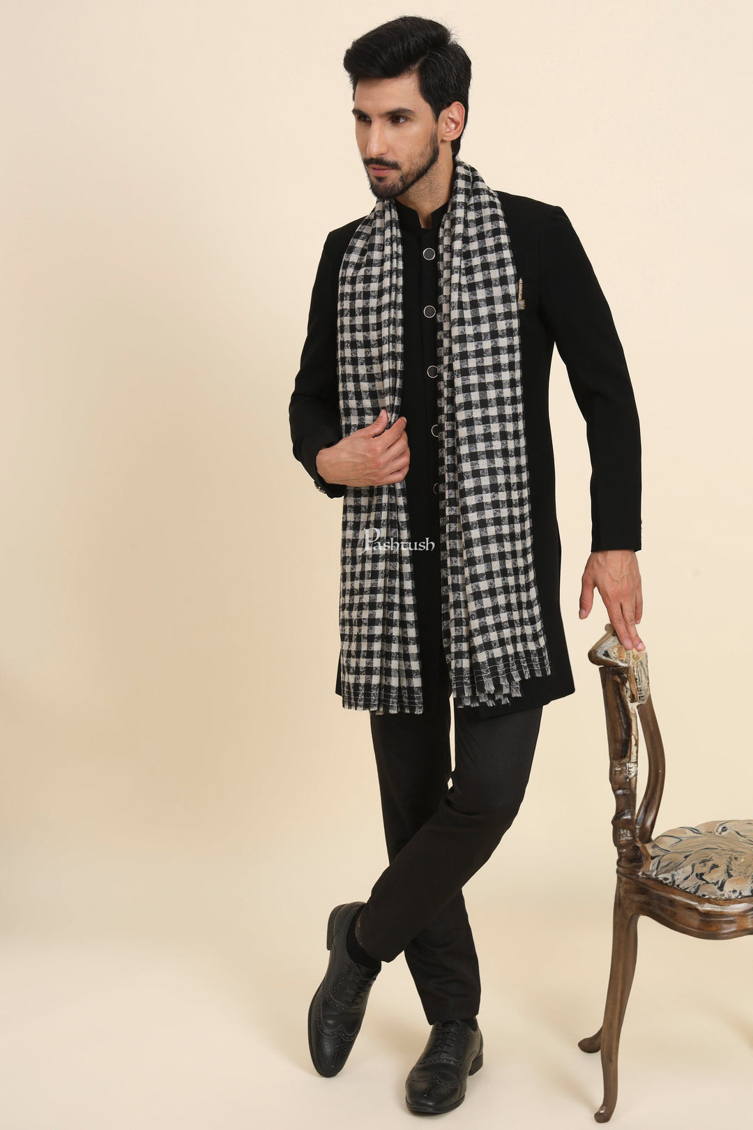 Pashtush India Mens Scarves Stoles and Mufflers Pashtush Mens Extra Fine Wool Stole, Checkered Weave Design, Black