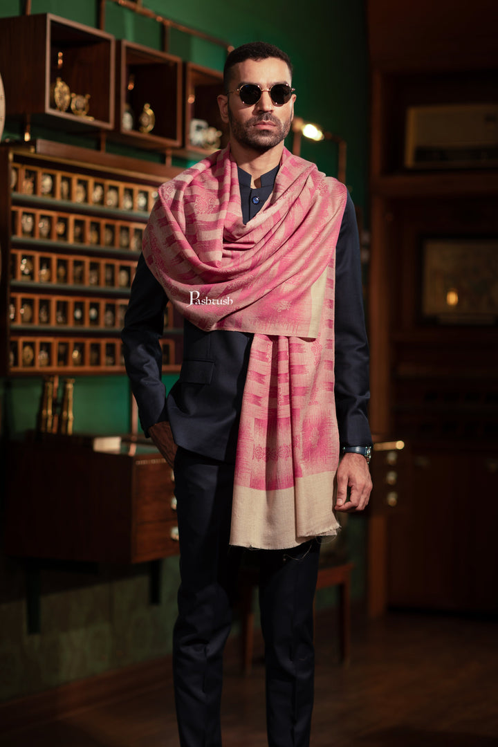 Pashtush India Mens Scarves Stoles and Mufflers Pashtush Mens Extra Fine Wool Stole, Ikkat Weave Design, Salmon