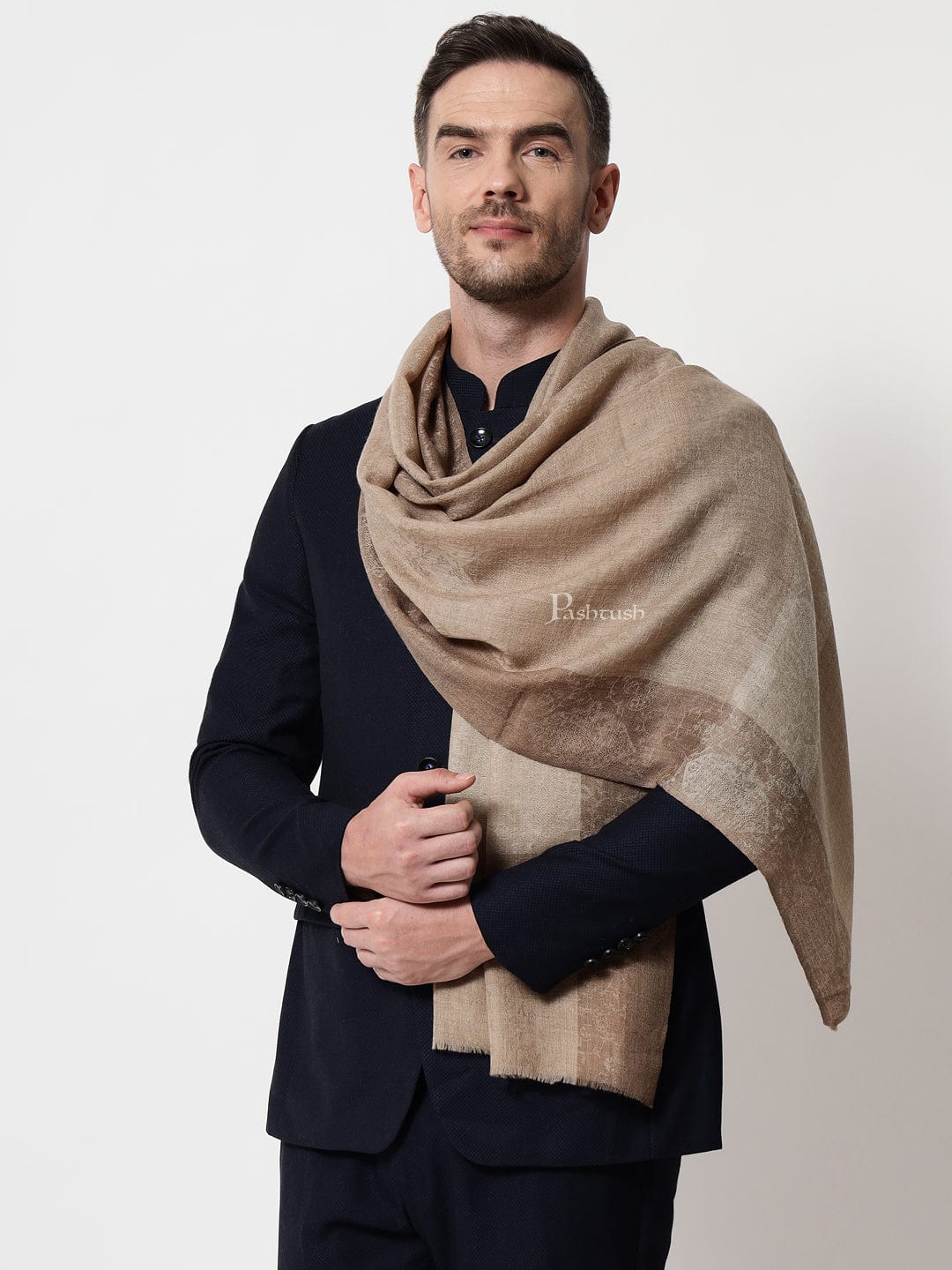 Pashtush India Mens Scarves Stoles and Mufflers Pashtush mens Extra Fine Wool stole, jacquard border design, Beige