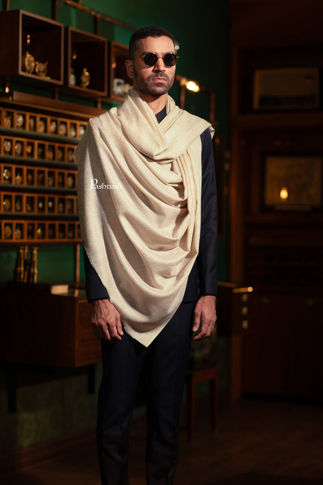 Pashtush India Mens Scarves Stoles and Mufflers Pashtush Mens Extra Fine Wool Stole, Self Woven Design, Sahara