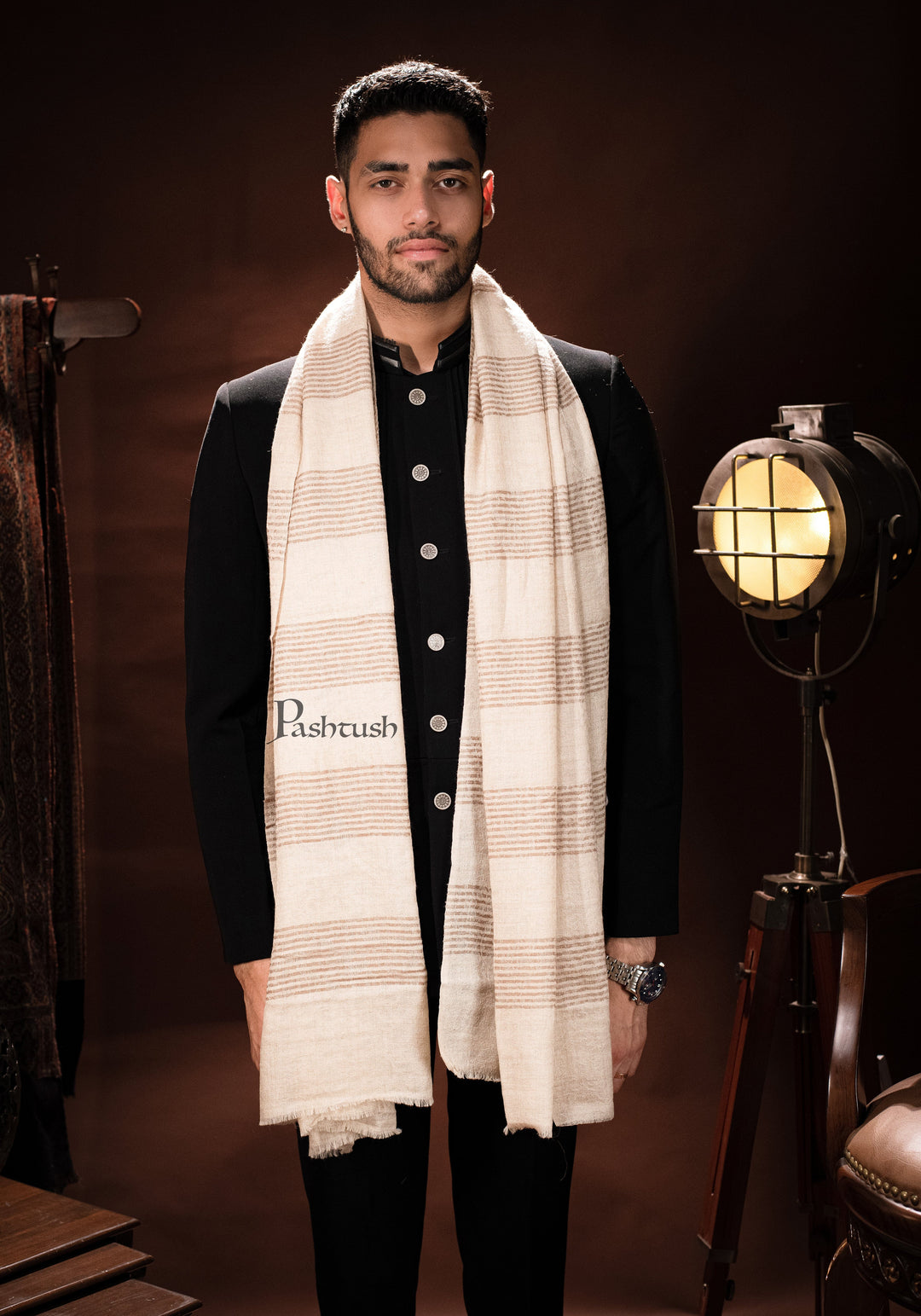 Pashtush India Mens Scarves Stoles and Mufflers Pashtush mens Extra Fine Wool stole, Stripe design, Beige