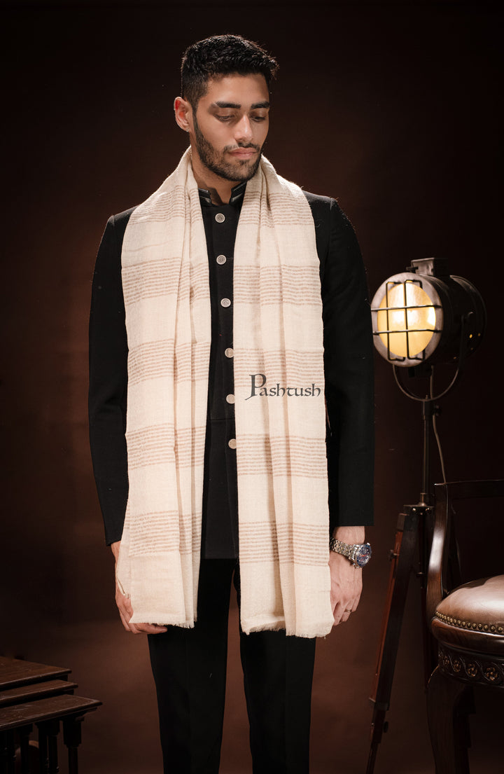 Pashtush India Mens Scarves Stoles and Mufflers Pashtush mens Extra Fine Wool stole, Stripe design, Beige