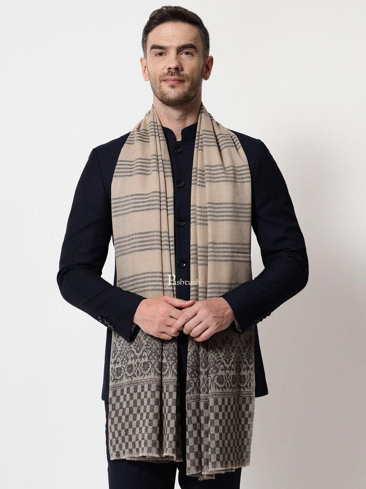 Pashtush India Mens Scarves Stoles and Mufflers Pashtush mens Extra Fine Wool stole, stripe design, Blue And Beige