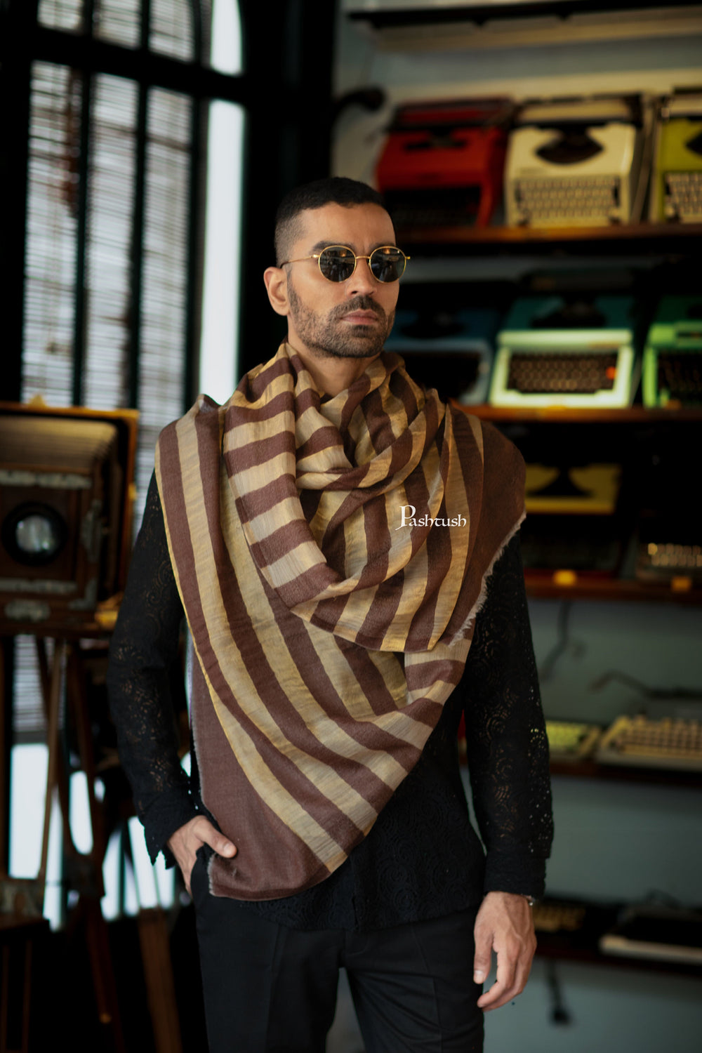 Pashtush India Mens Scarves Stoles and Mufflers Pashtush Mens Extra Fine Wool  Stole, Twilght Collection Stripe Design, Dark Brown