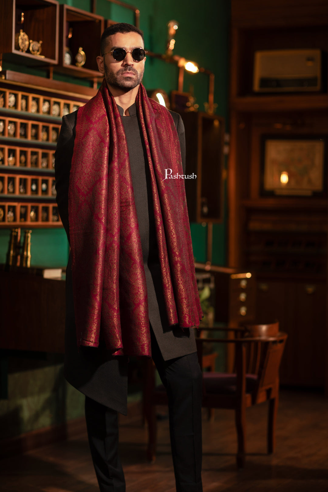 Pashtush India Mens Scarves Stoles and Mufflers Pashtush Mens Extra Fine Wool Stole,  Twilight Collection Pasiley Weave Design, Maroon