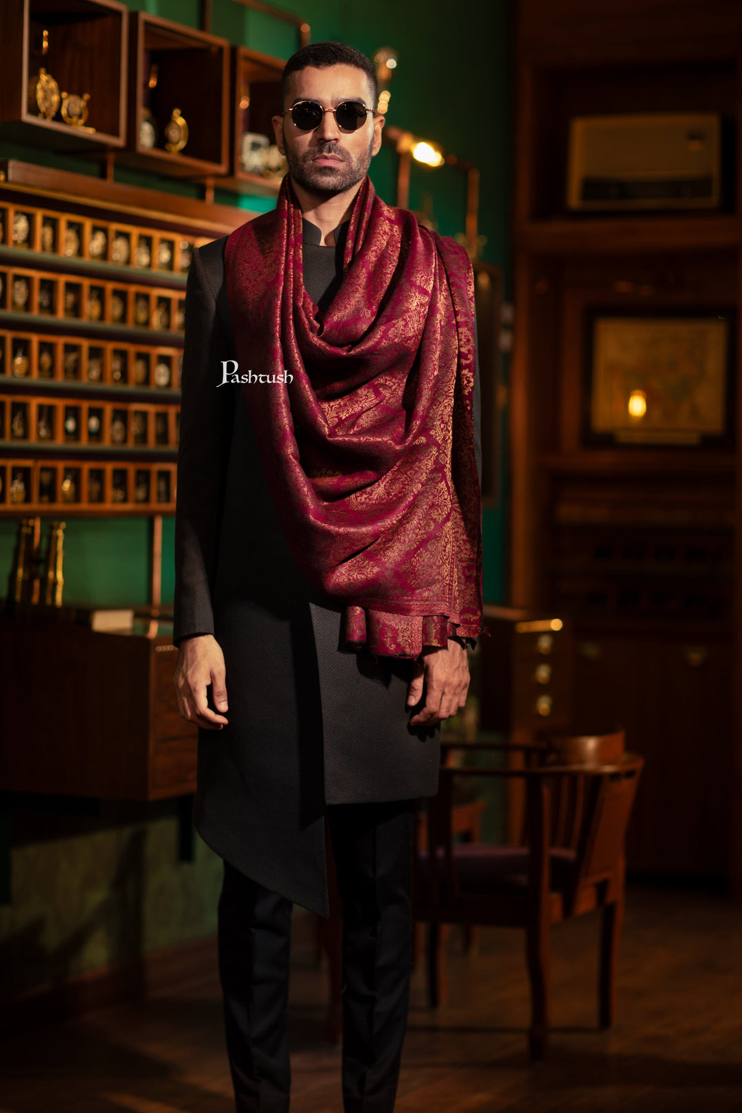 Pashtush India Mens Scarves Stoles and Mufflers Pashtush Mens Extra Fine Wool Stole,  Twilight Collection Pasiley Weave Design, Maroon