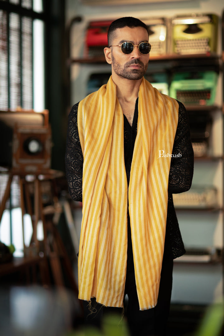 Pashtush India Mens Scarves Stoles and Mufflers Pashtush Mens Extra Fine Wool Stole, Woven Stripes, Canary