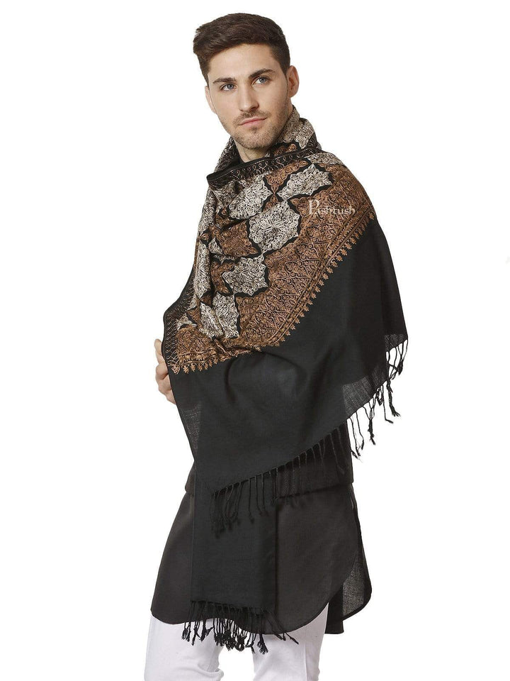 Pashtush India 70x200 Pashtush Mens Fine Kashmiri Embroidery Stole, Black