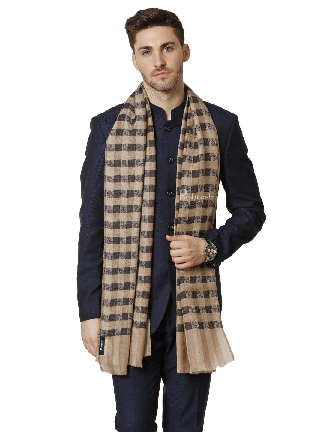 Pashtush India 70x200 Pashtush Mens Fine Wool Checkered Stole, Black and Beige