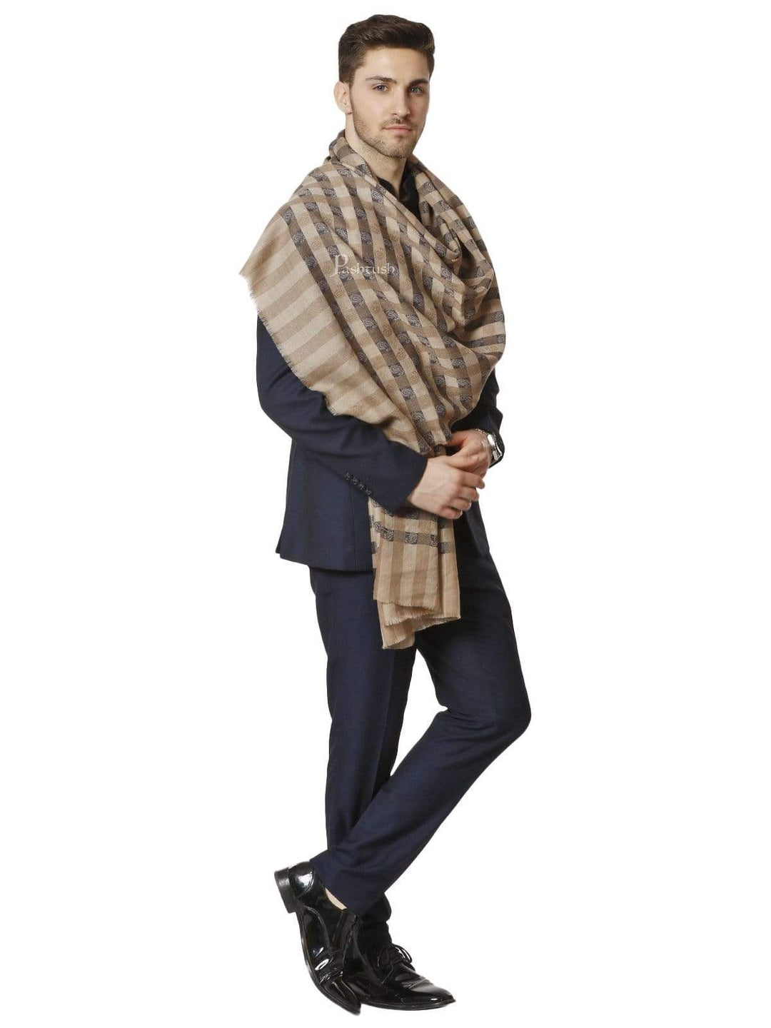 Pashtush India 70x200 Pashtush Mens Fine Wool Checkered Stole, Black and Beige