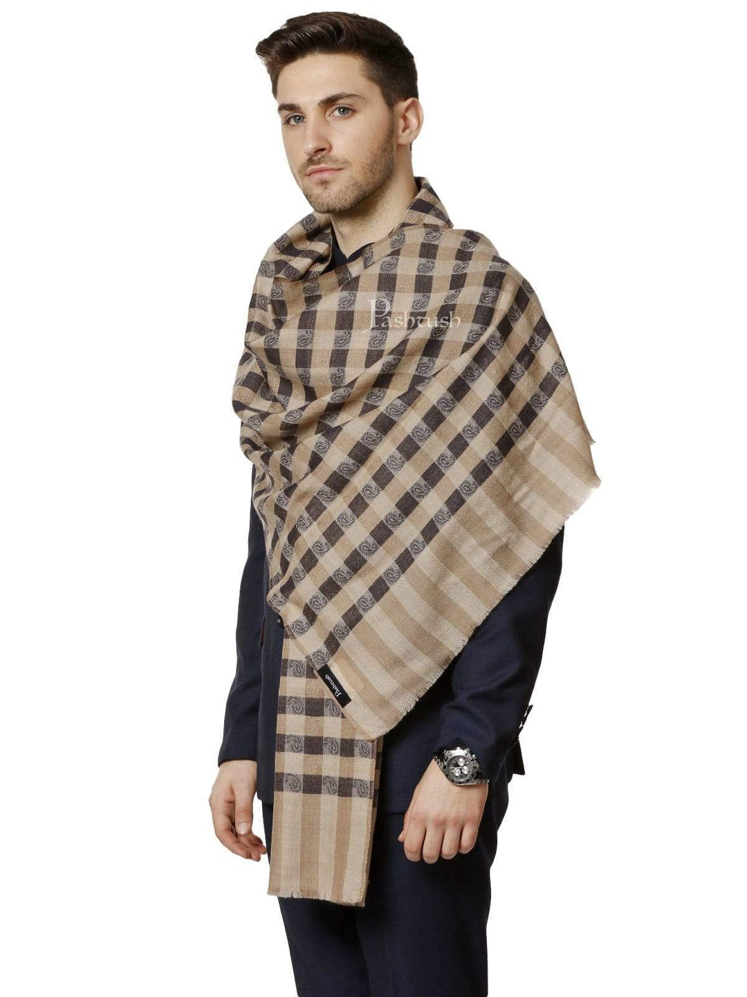 Pashtush India 70x200 Pashtush Mens Fine Wool Checkered Stole, Black and Beige