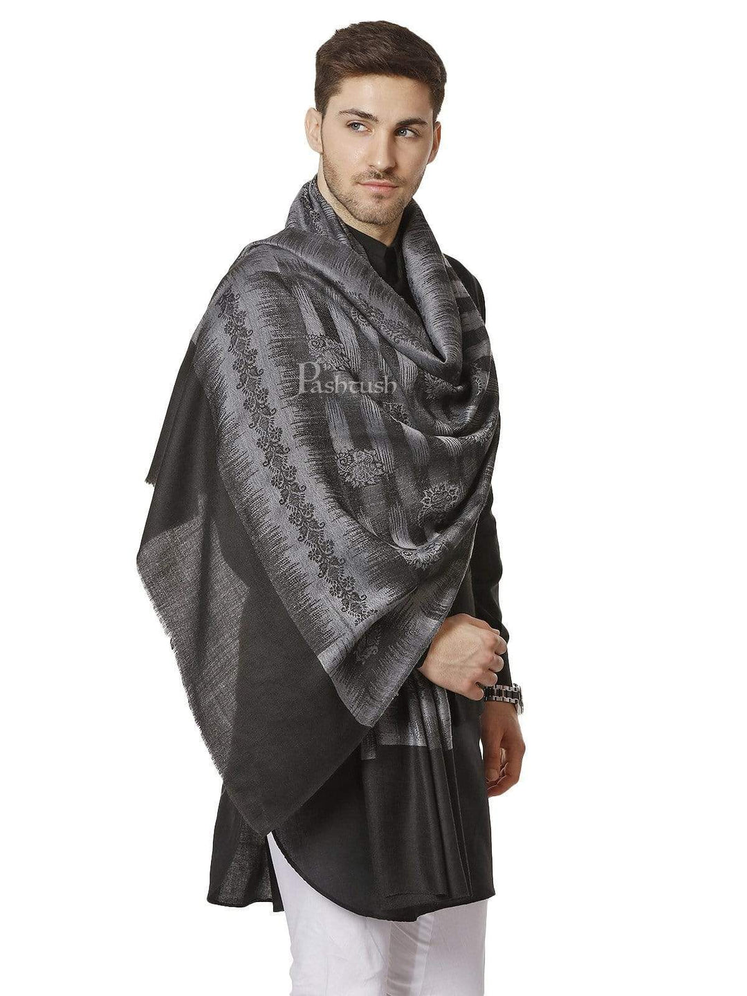 Pashtush India 70x200 Pashtush Mens Fine Wool Ikkat Design, Stole, Black and Grey