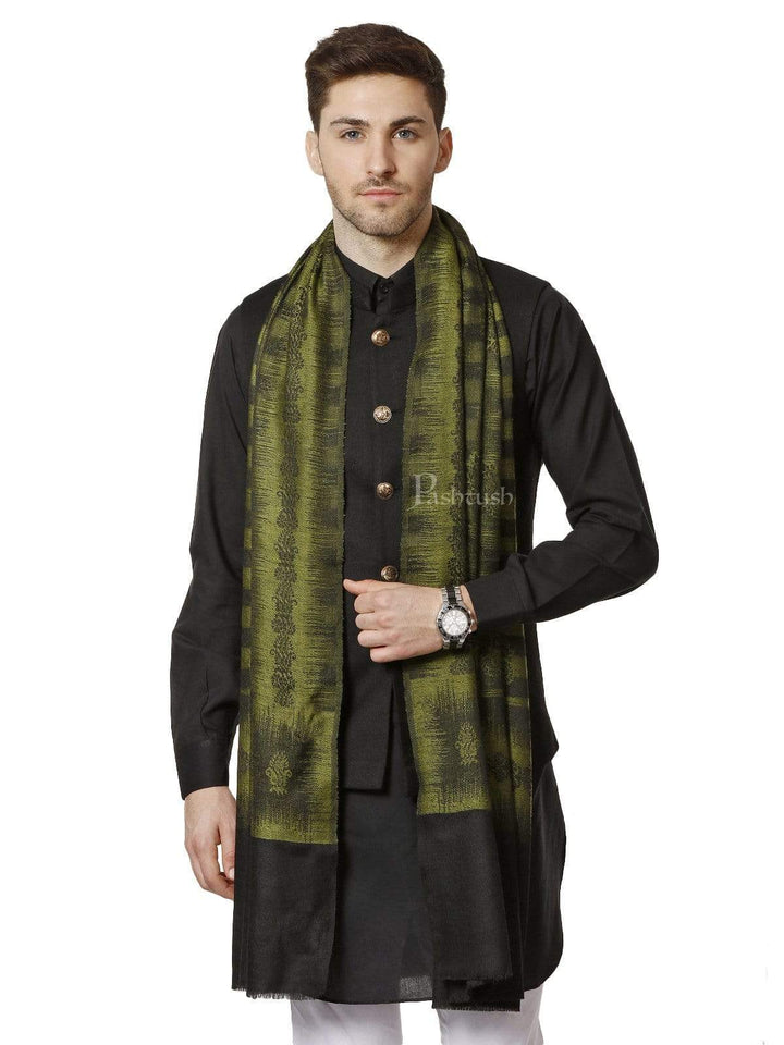 Pashtush India 70x200 Pashtush Mens Fine Wool Ikkat Design, Stole, Emerald Green