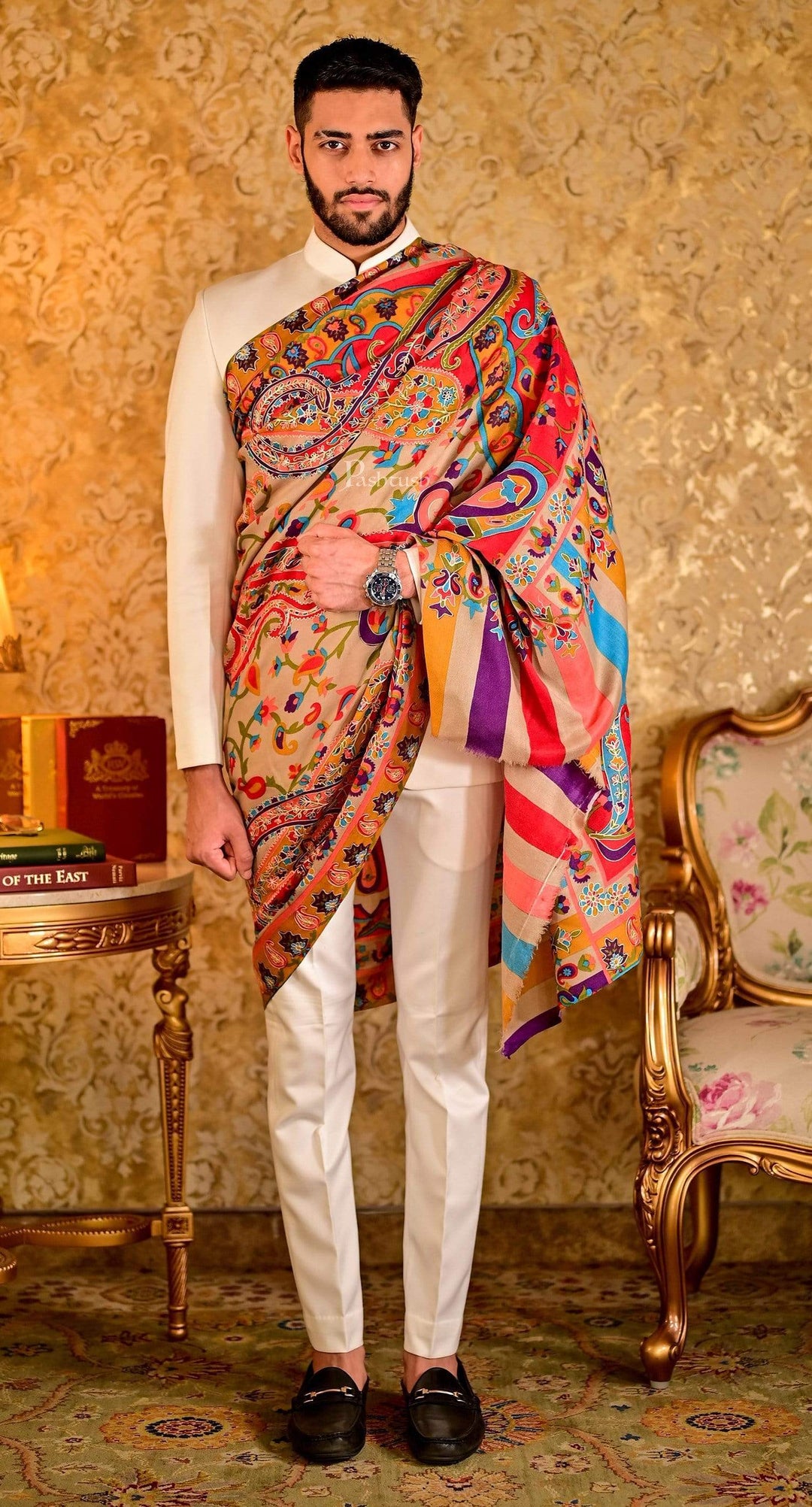 Pashtush India 114x228 Pashtush Mens Fine Wool, Kalamkari Printed Shawl, Multicoloured