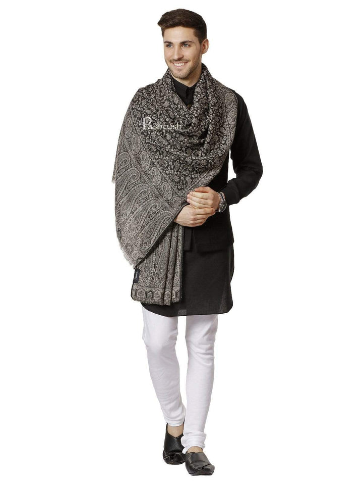 Pashtush India 70x200 Pashtush Mens Fine Wool Luxury Stole, Soft and Warm, Black and Grey