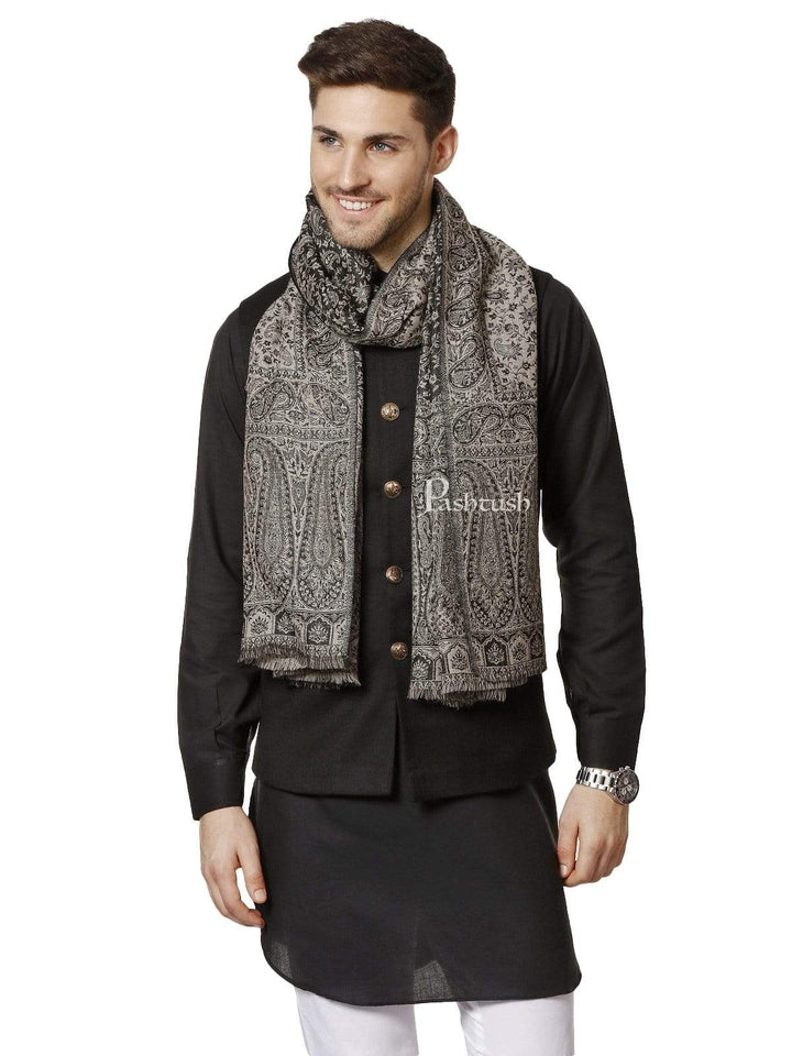 Pashtush India 70x200 Pashtush Mens Fine Wool Luxury Stole, Soft and Warm, Black and Grey