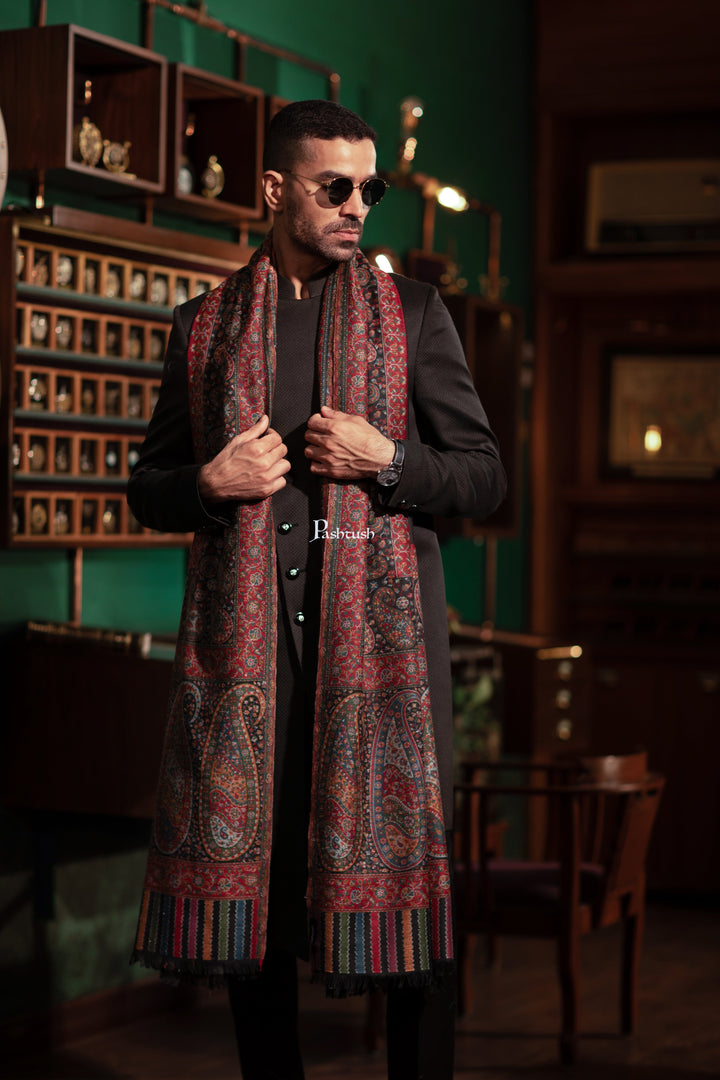 Pashtush India Mens Shawls Gents Shawl Pashtush Mens Fine Wool Shawl, Ambi Palla  Design, Black