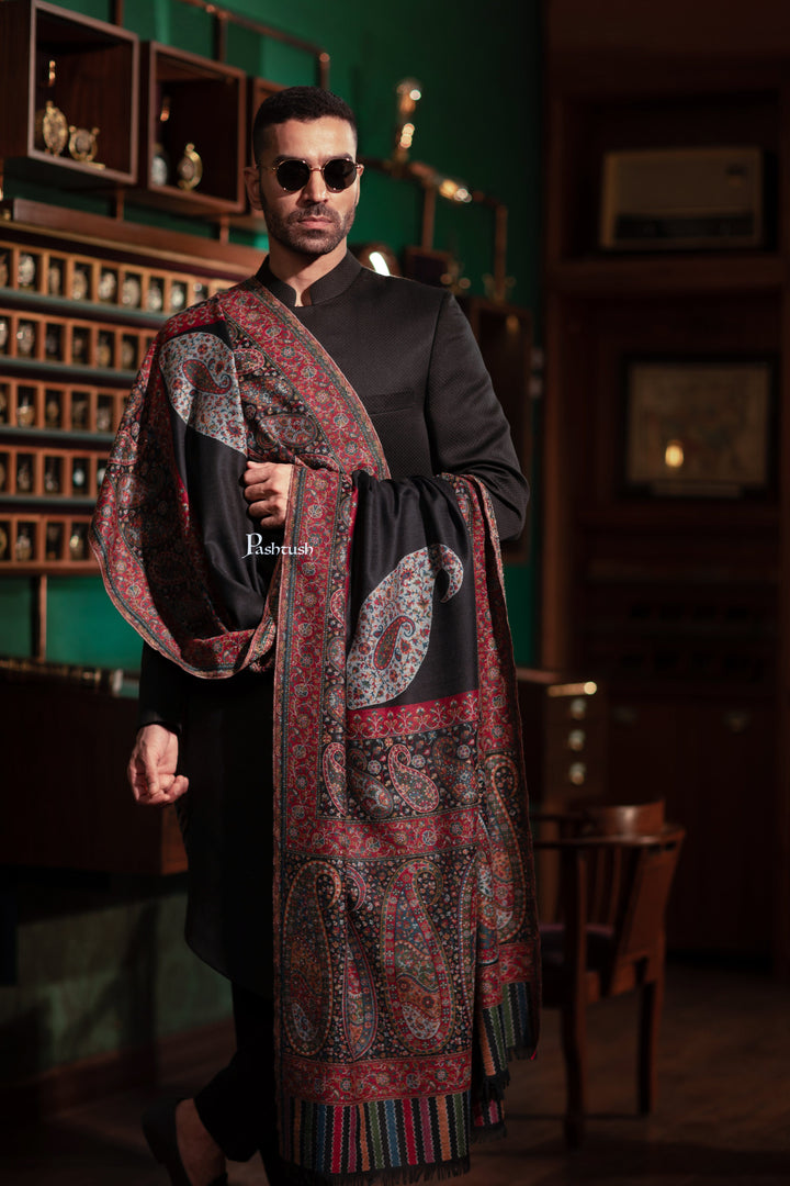 Pashtush India Mens Shawls Gents Shawl Pashtush Mens Fine Wool Shawl, Ambi Palla  Design, Black