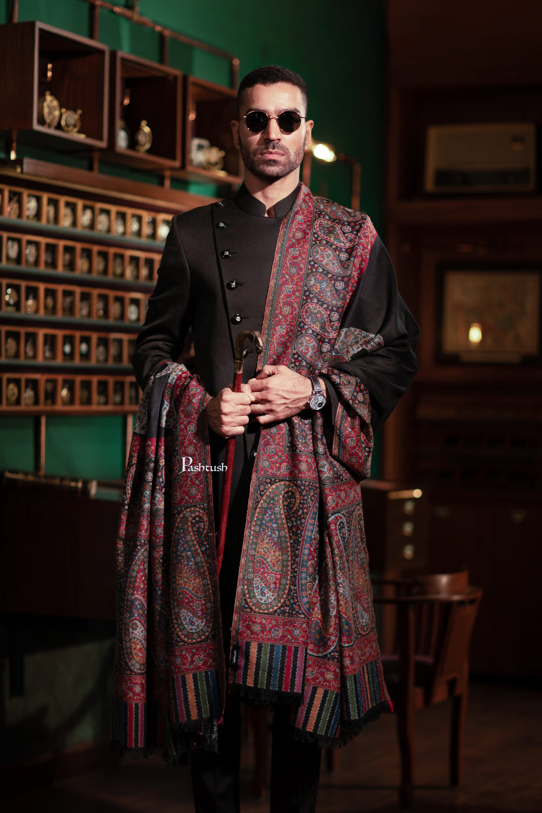 Pashtush India Mens Shawls Gents Shawl Pashtush Mens Fine Wool Shawl, Ambi Palla  Design, Black